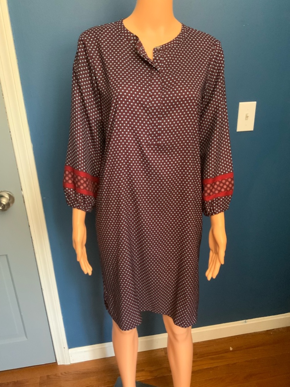 LOFT Navy Polka Dot Long Sleeve Shift Dress with Red Trim